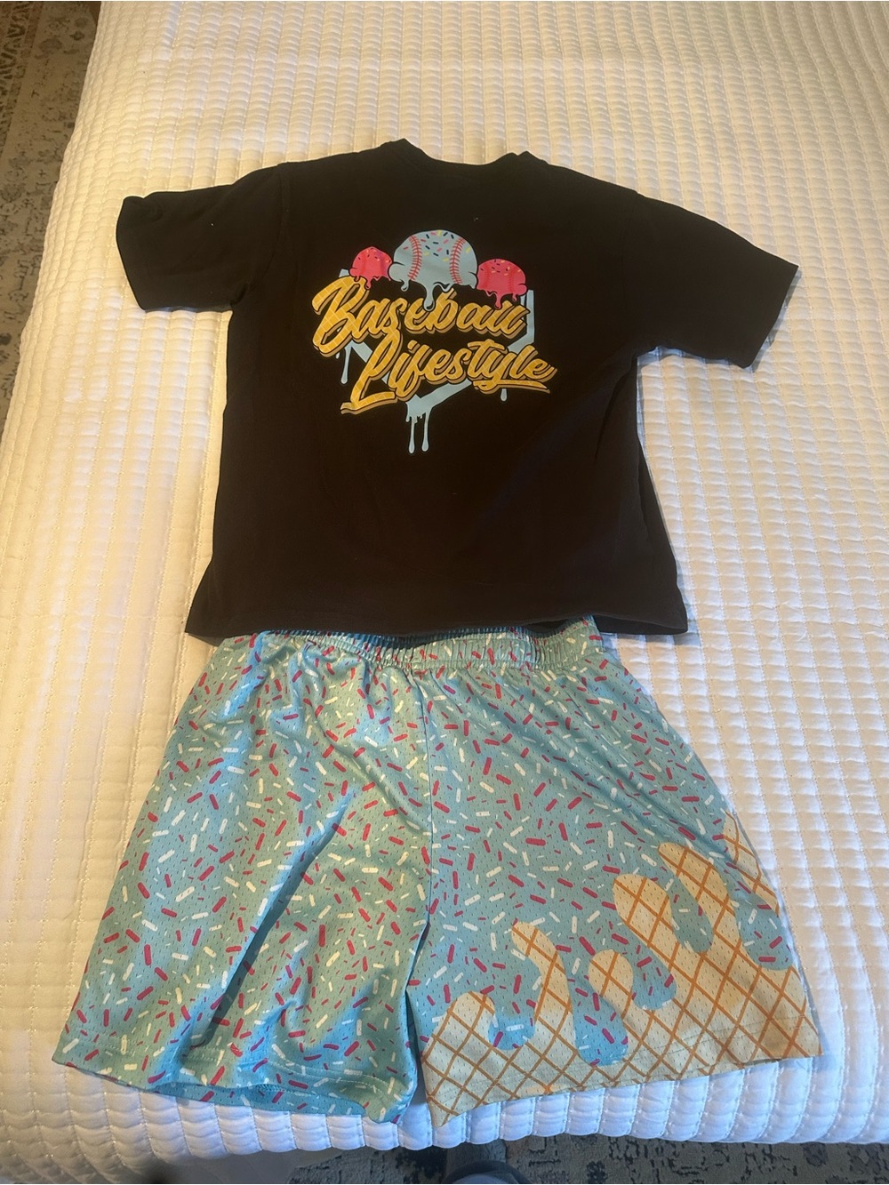 Baseball Lifestyle Kids Matching Set - Black Tee & Aqua Sprinkle Shorts